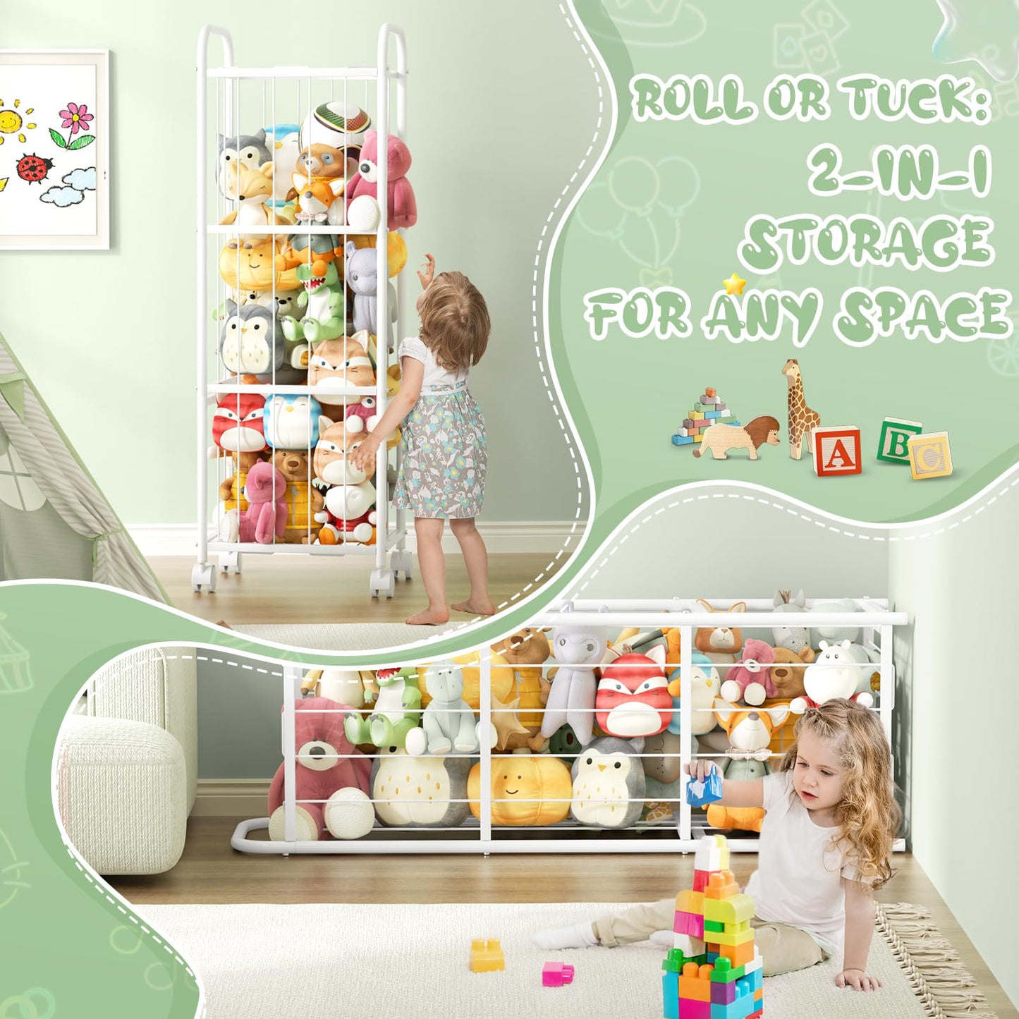 Stuffed Animal Storage Metal Tube Extra Large Toy Storage Organizer with Brake Wheels, Stuffed Animal Holder Zoo Organizer for Nursery Playroom Kids Room White(53.5” x 18.1”x 13”)