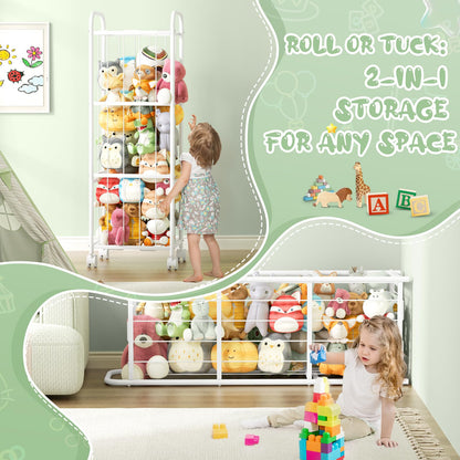 Stuffed Animal Storage Metal Tube Extra Large Toy Storage Organizer with Brake Wheels, Stuffed Animal Holder Zoo Organizer for Nursery Playroom Kids Room White(53.5” x 18.1”x 13”)
