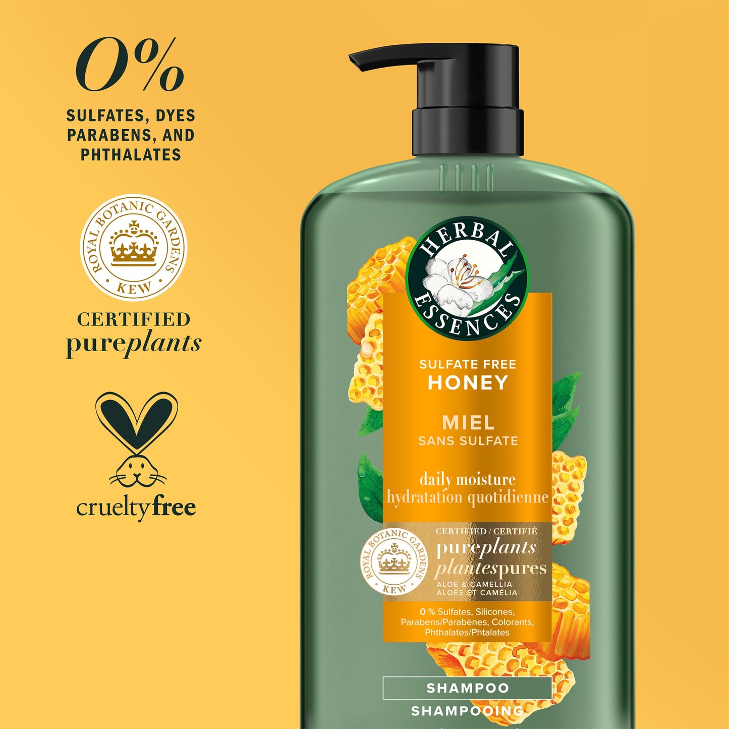 Herbal Essences Sulfate Free Shampoo with Honey for Daily Moisture, Nourishes Dry Hair, Moisturizing Shampoo with Certified Camellia Oil and Aloe Vera, Lightweight For All Hair Types, 33.8oz