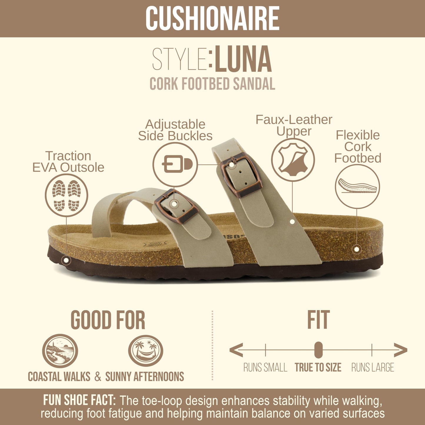CUSHIONAIRE Luna Sandals for Women, Cork Footbed Womens Sandals for Summer Comfort with Adjustable Straps, Wide Width Available, STONE 8