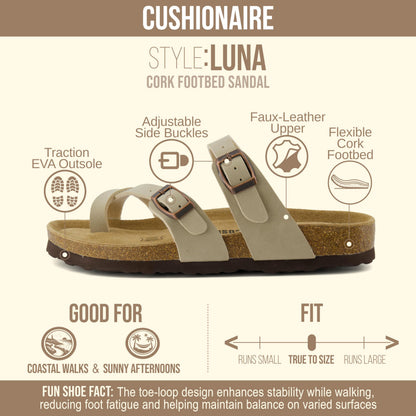 CUSHIONAIRE Luna Sandals for Women, Cork Footbed Womens Sandals for Summer Comfort with Adjustable Straps, Wide Width Available, STONE 8