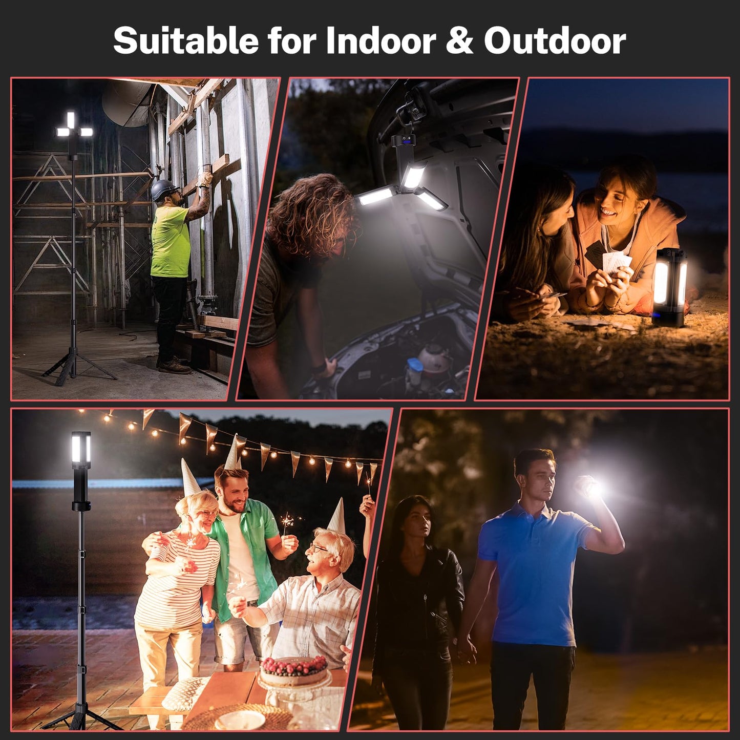 OGERY Rechargeable 10000mAh Camping Light with Stand 6.5 ft Max Height, Cordless Work Light with 3 LED Lamp Heads, 2200 Lumens Dimmable Magnetic Emergency Flashlight with Detachable Tripod, Black