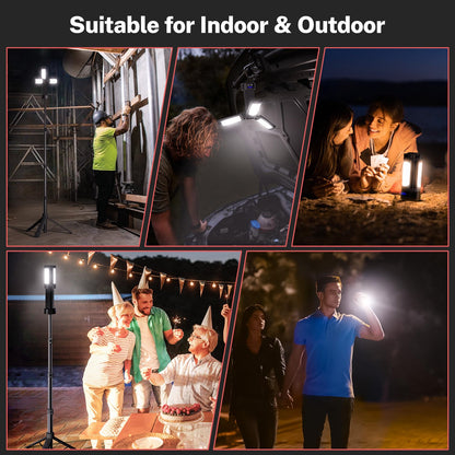 OGERY Rechargeable 10000mAh Camping Light with Stand 6.5 ft Max Height, Cordless Work Light with 3 LED Lamp Heads, 2200 Lumens Dimmable Magnetic Emergency Flashlight with Detachable Tripod, Black