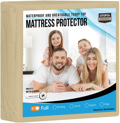 Utopia Bedding Waterproof Mattress Protector Full Size, Premium Terry Mattress Cover 200 GSM, Breathable, Fitted Style with Stretchable Pockets (Beige)