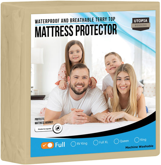 Utopia Bedding Waterproof Mattress Protector Full Size, Premium Terry Mattress Cover 200 GSM, Breathable, Fitted Style with Stretchable Pockets (Beige)