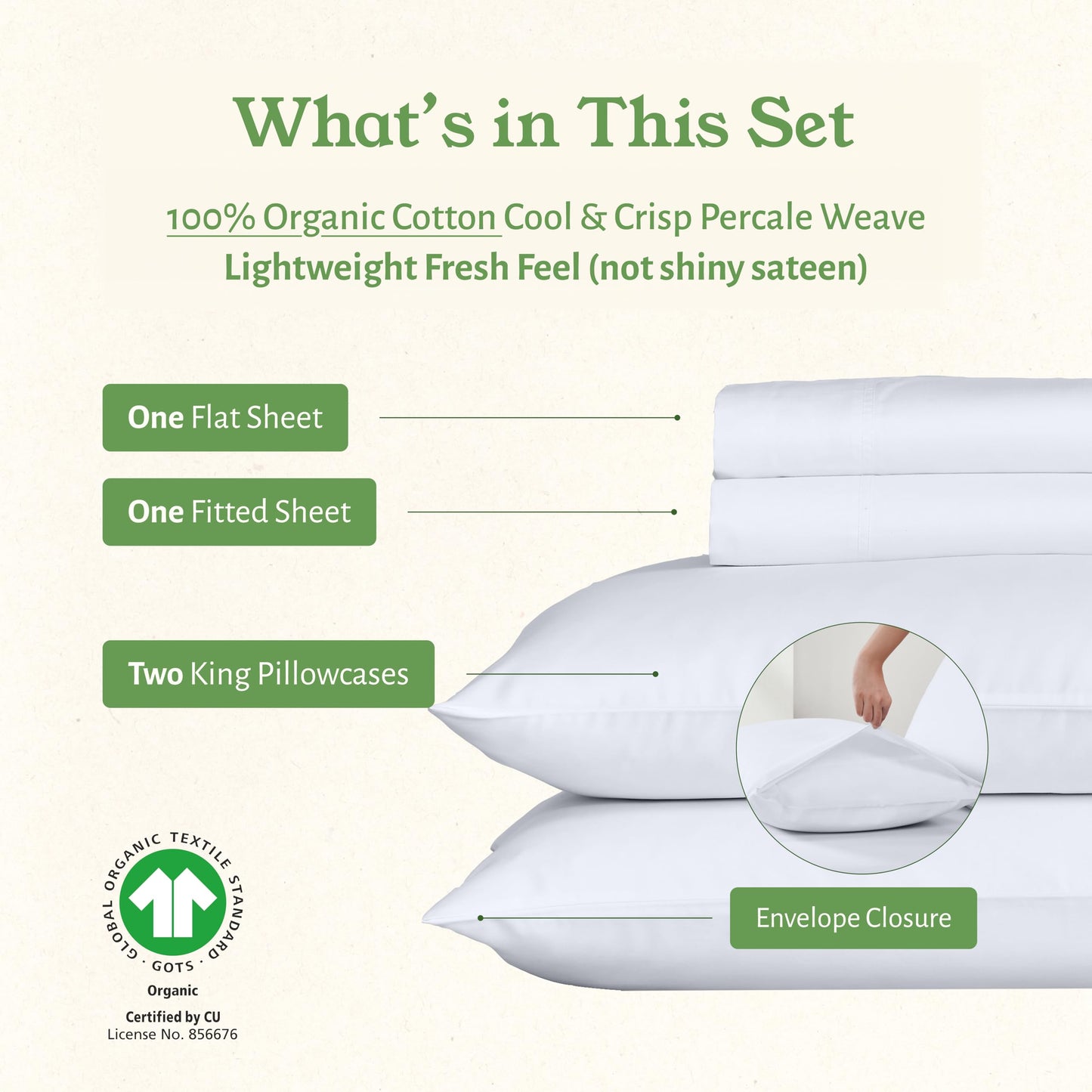 California Design Den King Size Sheets Set - Soft 100% Organic Cotton, Crisp Percale Sheets with Deep Pockets, Breathable and Durable Bedding Set - White