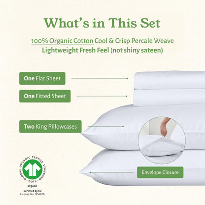 California Design Den King Size Sheets Set - Soft 100% Organic Cotton, Crisp Percale Sheets with Deep Pockets, Breathable and Durable Bedding Set - White