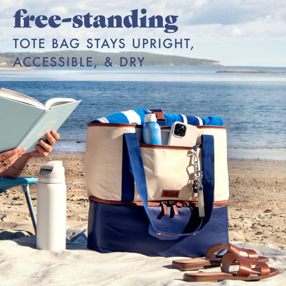 Fit & Fresh Narragansett 2-in-1 Tote with Cooler Compartment, Removable Accessory Pouch, Insulated Beach Bag, Leakproof, Water Resistant, Pool Essential, Holds 16 Cans, Navy