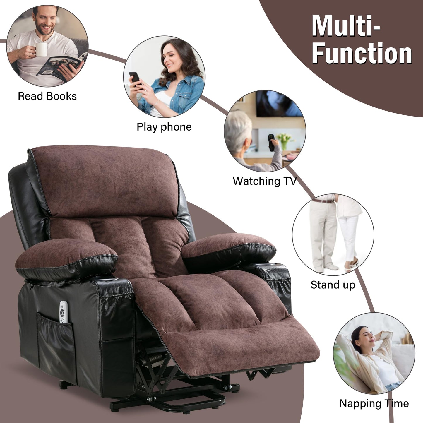 FLEXISPOT XL23 Power Lift Recliner Chair with Massage & Heat for Elderly, Large Electric Lift Chair with USB Port, Cup Holders, Living Room Bedroom Single Sofa(Large Size, Black and Brown)