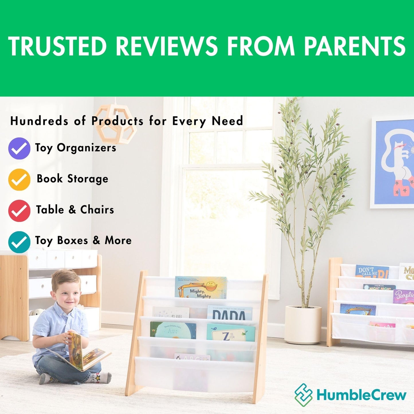 Humble Crew 4-Tier Kids Bookshelf, Natural Wood/White - Premium Book Shelf for Kids Rooms with Four Deep Pockets - Toddler Sling Book Rack with Deep Sleeves, Nursery Bookcase Organizer