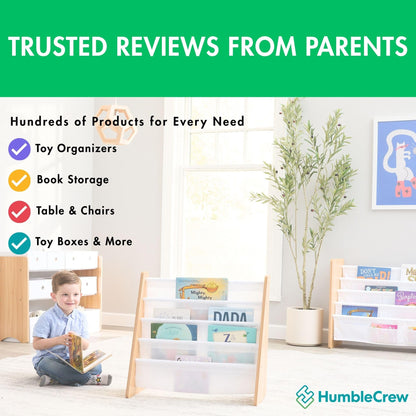 Humble Crew 4-Tier Kids Bookshelf, Natural Wood/White - Premium Book Shelf for Kids Rooms with Four Deep Pockets - Toddler Sling Book Rack with Deep Sleeves, Nursery Bookcase Organizer
