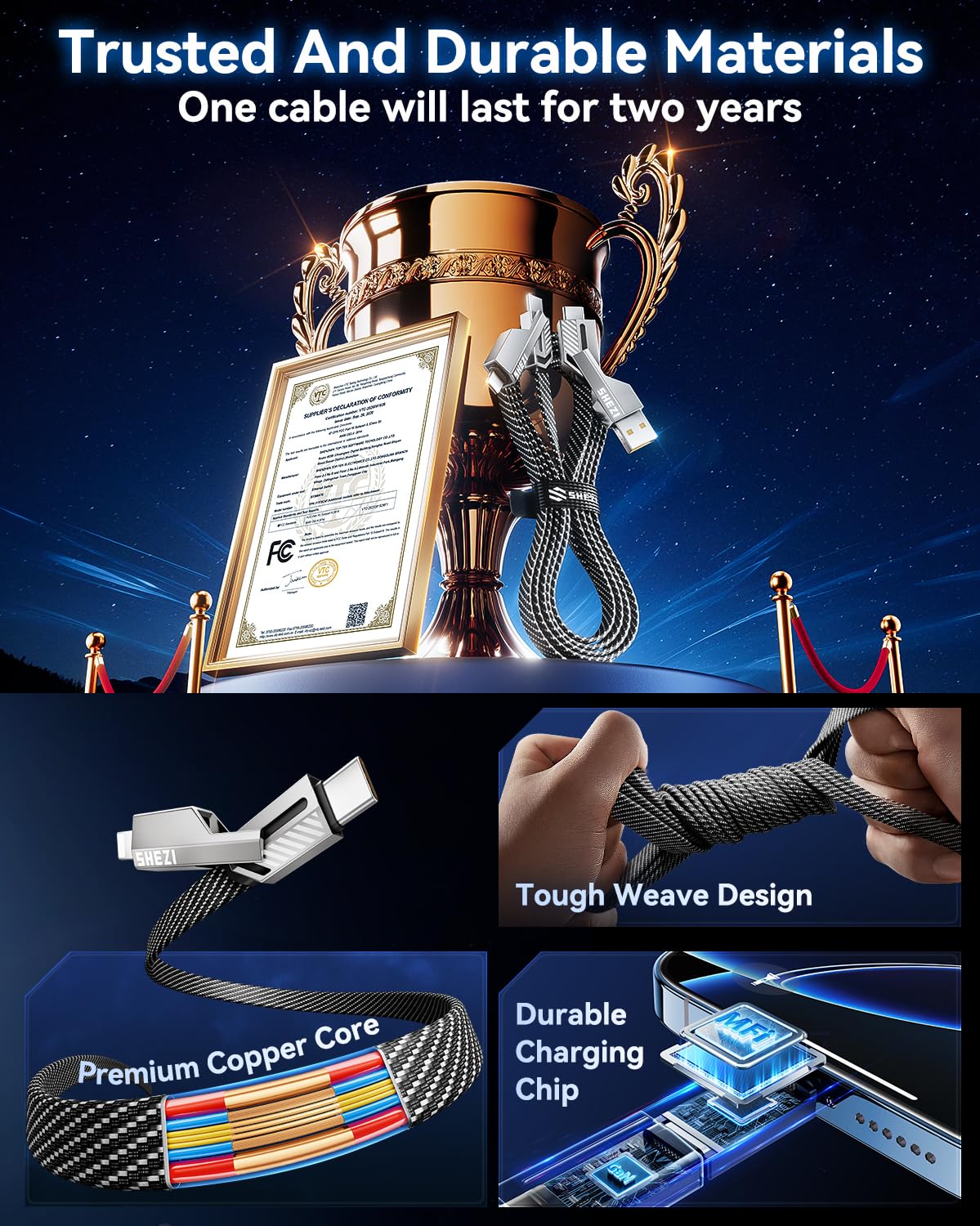 [One is Enough] 4-in-1 Compatible with USB C to Lightning Cable, 240W High-Speed Charging & Fast Data Transfer,CarPlay & Android Auto Support Multi Charger Cord Combo for iPhone/Samsung/iPad,3FT