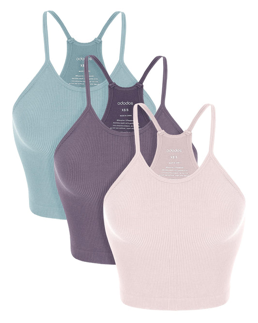ODODOS Women's Crop Camisole 3-Pack Washed Seamless Rib-Knit Crop Tank Tops, Long Crop, Pink Lace Violet Iceberg, X-Large/XX-Large