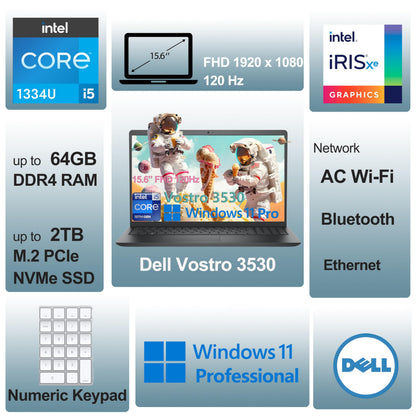 Dell 15 3530 Laptop - Business & Home Student Laptop Computer, Intel 10-Core i5-1334U (Beat i7-1250U), 120Hz Fhd Vostro Laptop, WiFi, Bluetooth, Windows 11 Pro (32Gb Ram | 1Tb Pcie Ssd)