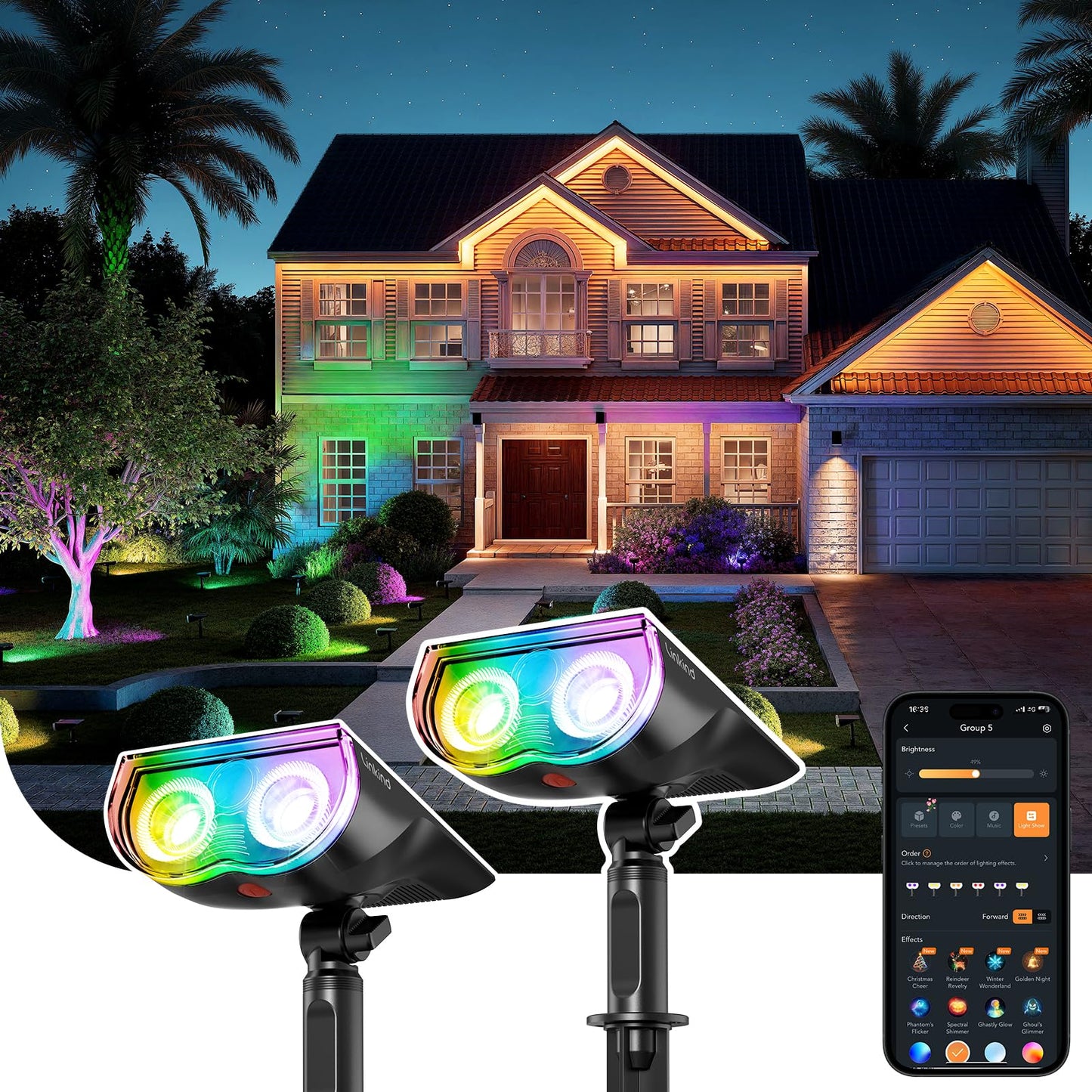 Linkind Smart Solar Spotlight SL5C, Color Changing Landscape Lighting, APP/Voice Control Solar Lights Outdoor, IP67 Waterproof Spot Lights Outdoor for Yard, Garden, Pathway(2 Pack)