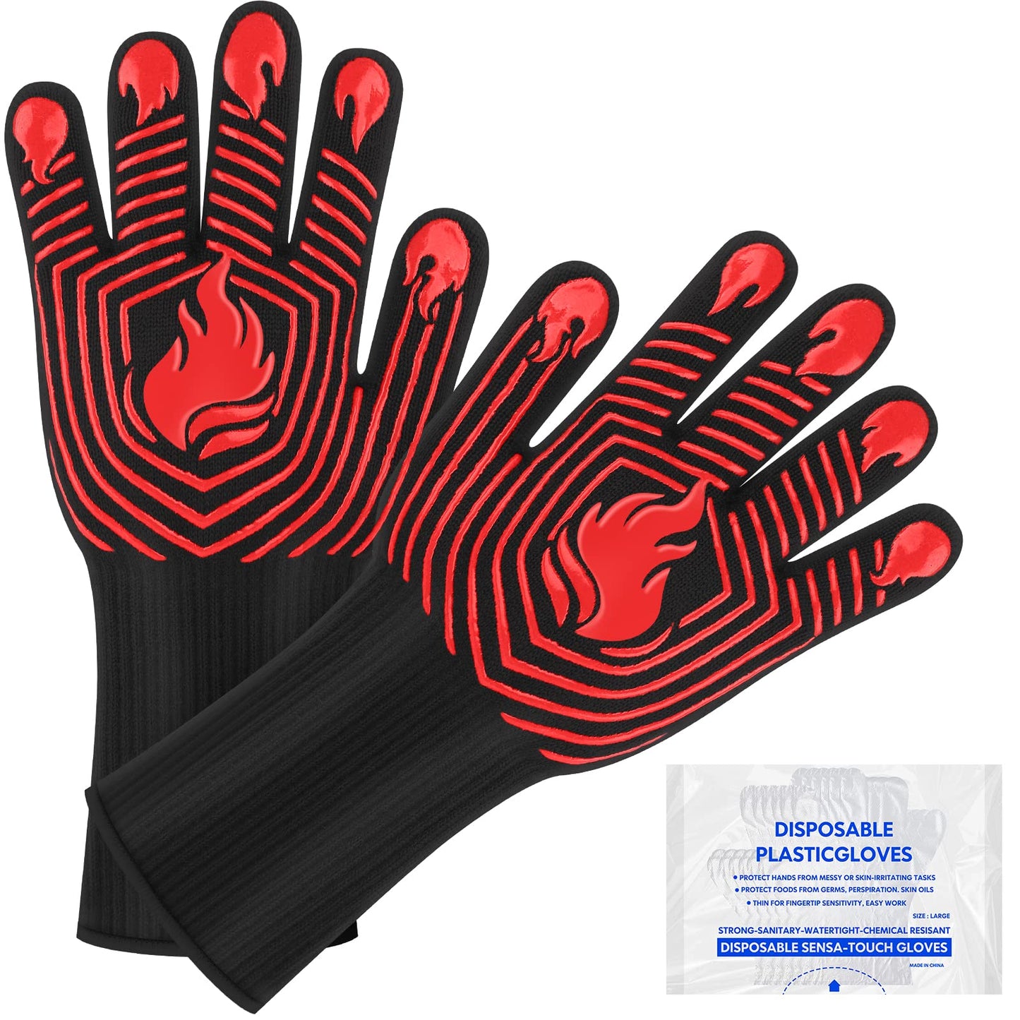 BBQ Gloves, 1472°F Heat Resistant Gloves Fireproof Mitts，Grilling Gloves Silicone Non-Slip Washable Oven Gloves, Kitchen Gloves for Barbecue, Grilling, Cooking, Baking, Camping, Smoker (Red)