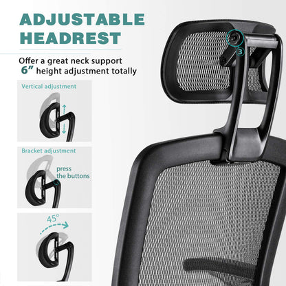 GABRYLLY Ergonomic Mesh Office Chair, High Back Desk Chair - Adjustable Headrest with Flip-Up Arms, Tilt Function, Lumbar Support and PU Wheels, Swivel Computer Task Chair