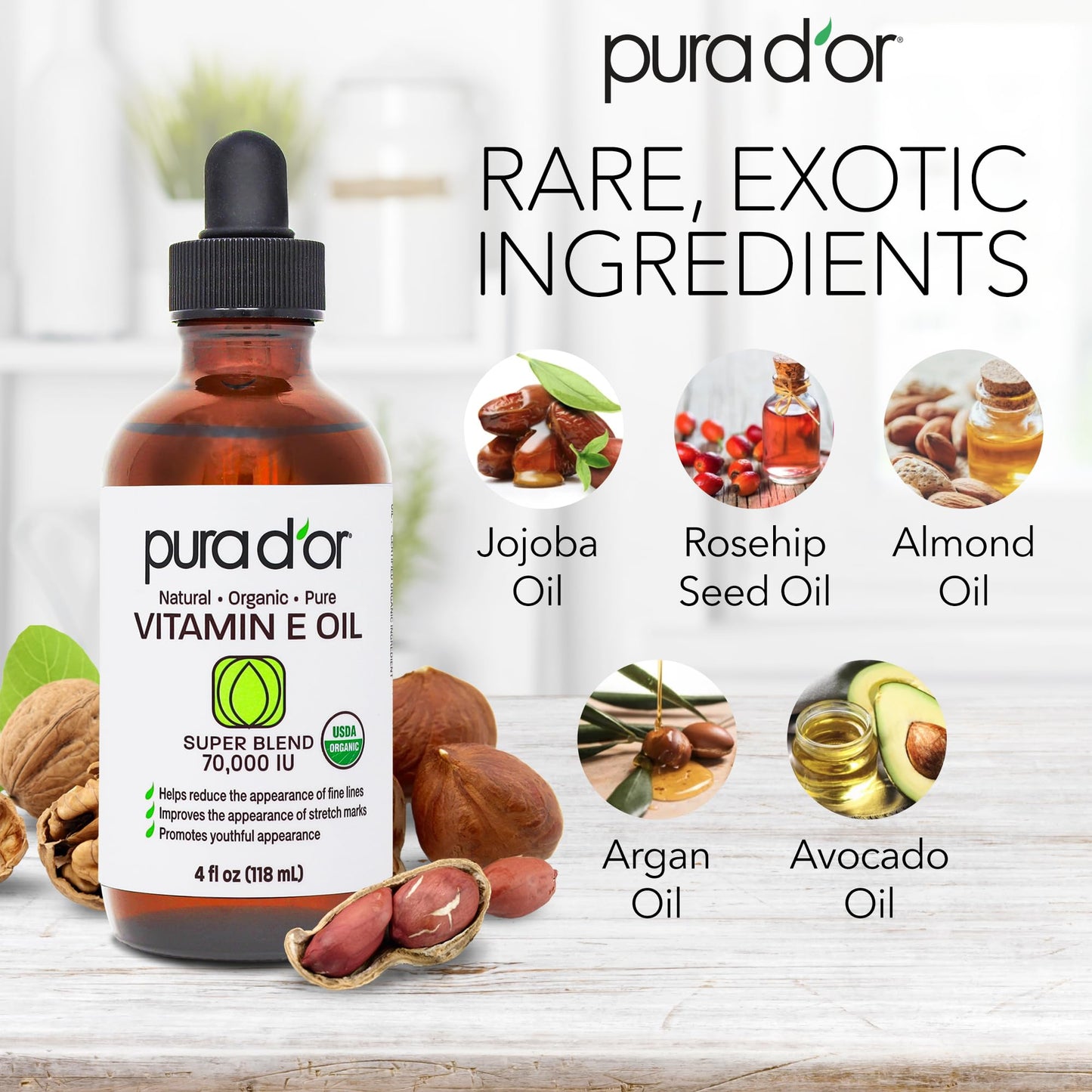 PURA D'OR 4 Oz ORGANIC Vitamin E Oil Blend 70,000 IU - 100% Natural Hexane Free, Sweet Almond, Apricot, Jojoba, Argan, Rosehip, Sunflower & Avocado Bath Oil For Scars, Skin, Face & Full Body