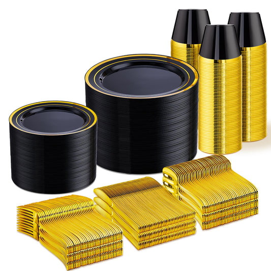 WELLIFE 600 PCS Black and Gold Disposable Dinnerware Set for 100 Guests, Gold rimmed Plastic Dinner Plates,Salad Plates,Cups,Silverware Set for New Year Party Supplies