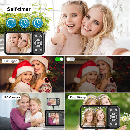 QUOLODOO Digital Camera, 4K 64MP Dual Screens Camera, 18X Zoom, Point and Shoot Digital Camera with 64GB TF Card & 2 Batteries, Portable Rechargeable Small Camera for Kids Teens Adult, Black