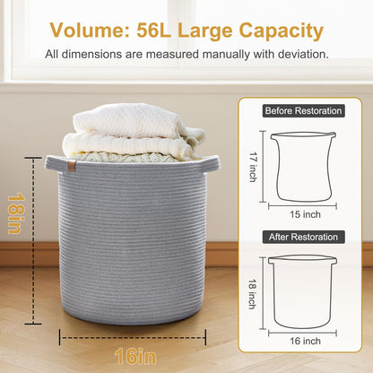 BROVIEW Woven Storage Basket, 56L Tall Laundry Baskets Hamper, 16x18 in Cotton Rope Basket for Toy, Pillows, Clothes, Blanket Basket with Handles for Living Room Bedroom Nursery Grey