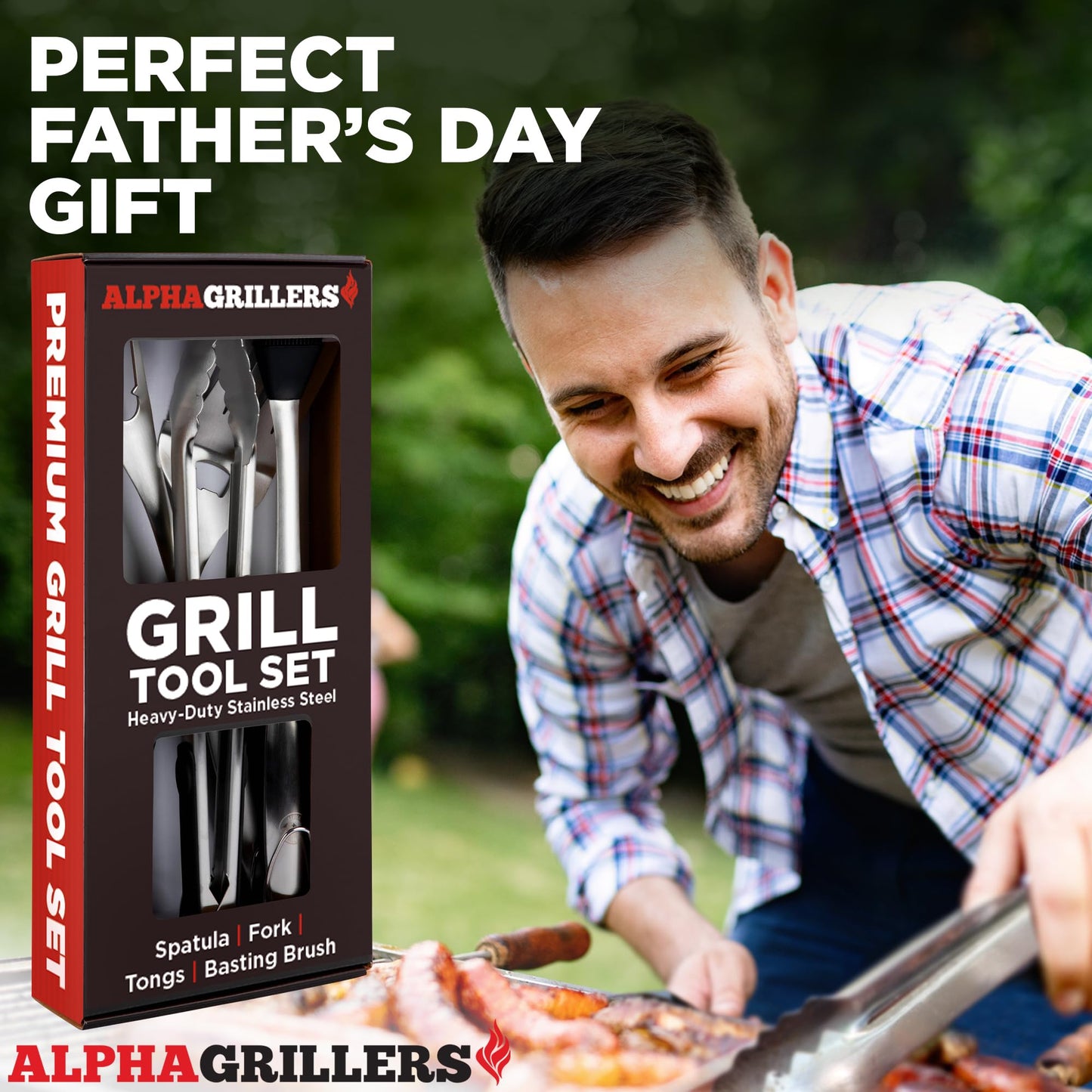 Alpha Grillers BBQ Grilling Accessories - Fathers Day Gifts for Dad - Heavy Duty Barbecue Grill Tools Utensils Set for Outdoor Grill with Spatula, Fork, Brush, Tongs Grilling Gift for Men Him Husband