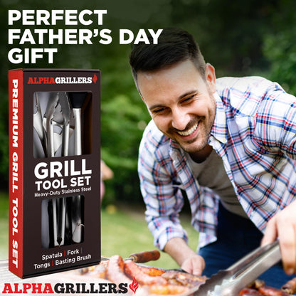Alpha Grillers BBQ Grilling Accessories - Fathers Day Gifts for Dad - Heavy Duty Barbecue Grill Tools Utensils Set for Outdoor Grill with Spatula, Fork, Brush, Tongs Grilling Gift for Men Him Husband