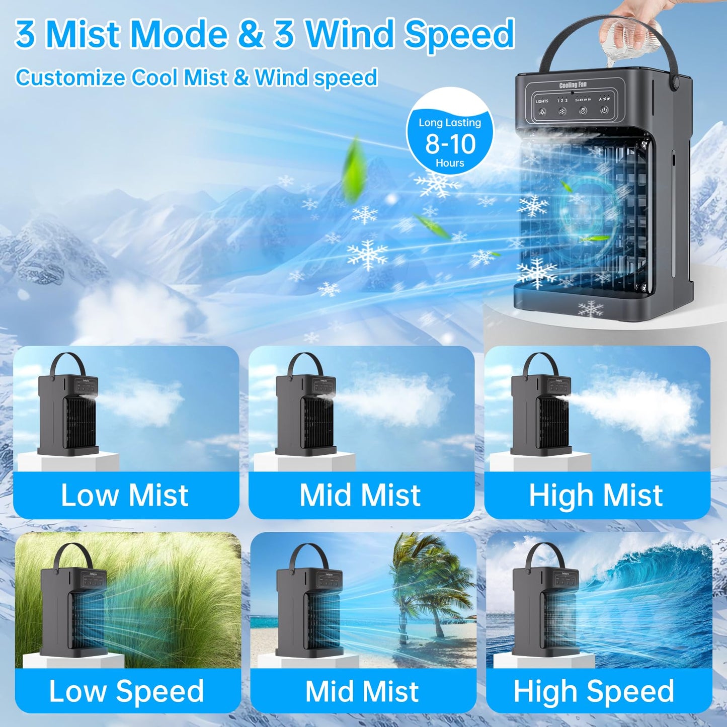 Portable Air Conditioners, 2025 Upgraded 4-IN-1 Portable AC Unit with 3 Cool Mist &Speeds, 7 Night Light & 2-8H Timer Evaporative Air Cooler, Personal Mini Air Conditioner for Bedroom, Camping, Office