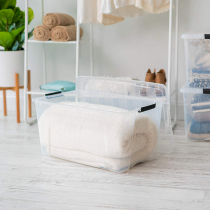 IRIS USA 72 QT Plastic Storage Box with Lid and Latches - 4 Pack - BPA-Free, See-Through Organizing Solution, Durable Nestable Stackable Containers, Secure Pull Handle - Clear