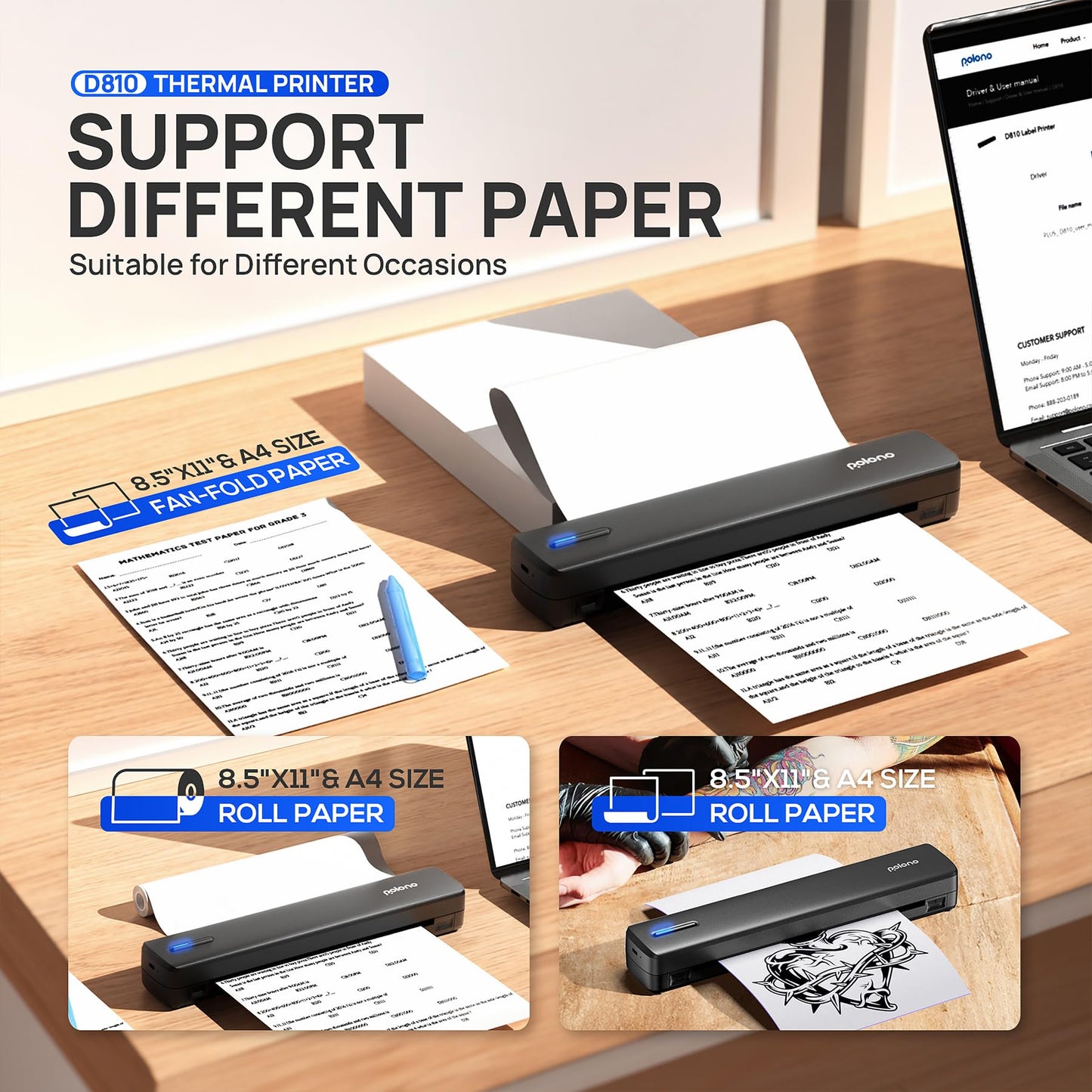 POLONO Portable Printer Wireless for Travel, D810 Bluetooth Thermal Printer Support for 8.5"x11" US Letter, Inkless Printer Compatible with iOS, Android, Laptop for Office, Car and Home, Black