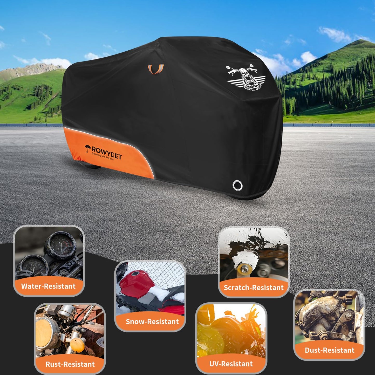 ROWYEET Motorcycle Cover Waterproof Outdoor Storage with Lock-Holes, Zipper Storage Bag & Night Reflective Design, All Season Protection Powersports Vehicle Covers Fits up to 96.5" Motorcycles