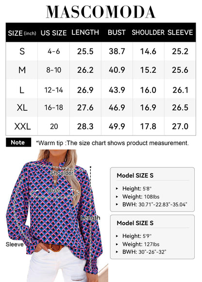 MASCOMODA Womens V Neck Floral Long Sleeve Tops 2024 Summer Casual Loose Puff Sleeve Chiffon Boho Work Blouse Dressy T Shirts(Plaid Blue Pink,X-Large)