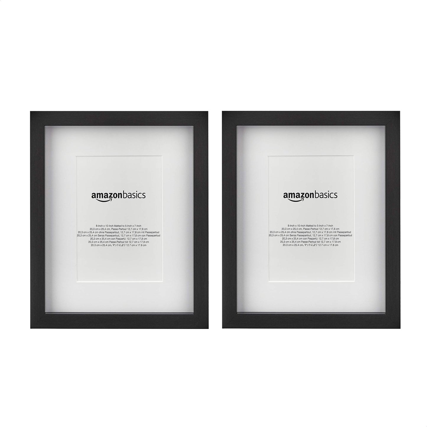 Amazon Basics Rectangular Picture Frame Set for Wall Hanging or Tabletop Display, 8 x 10 in with 5 x 7 in Mat, Black, 2-Pack