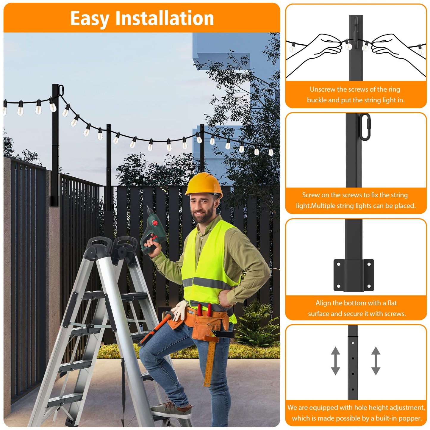 2.8Ft String Light Poles 8 Pack,Light Poles for Outside Lights,Outdoor with Fence Brackets Hanging Lights,Metal Stand Deck Patio Backyard