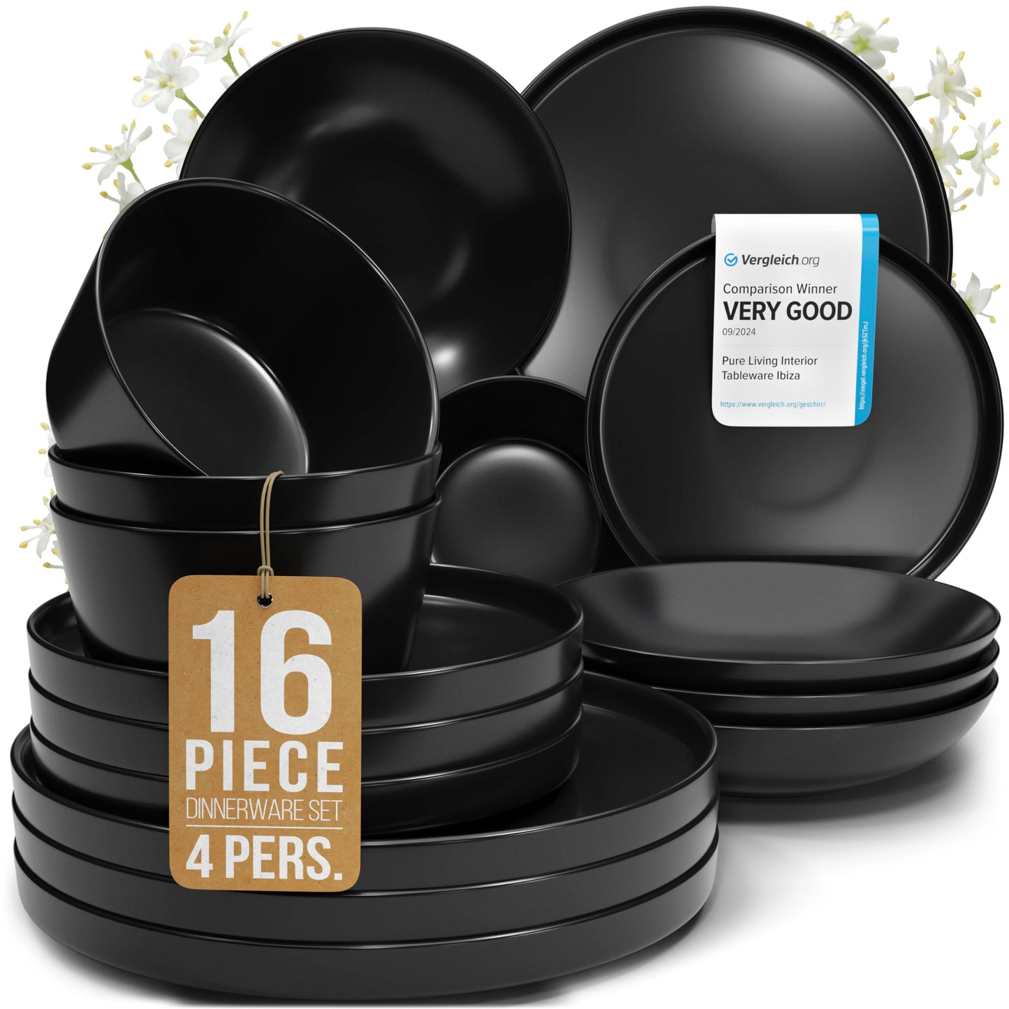 16 Piece Dinnerware Sets for 4 - Matte Black Modern Style Stoneware Dinnerware Set - Scratch Resistant, Dishwasher Safe Plates and Bowls Sets Ceramic, Dish Set, Bowl and Plate Set - Matte Black
