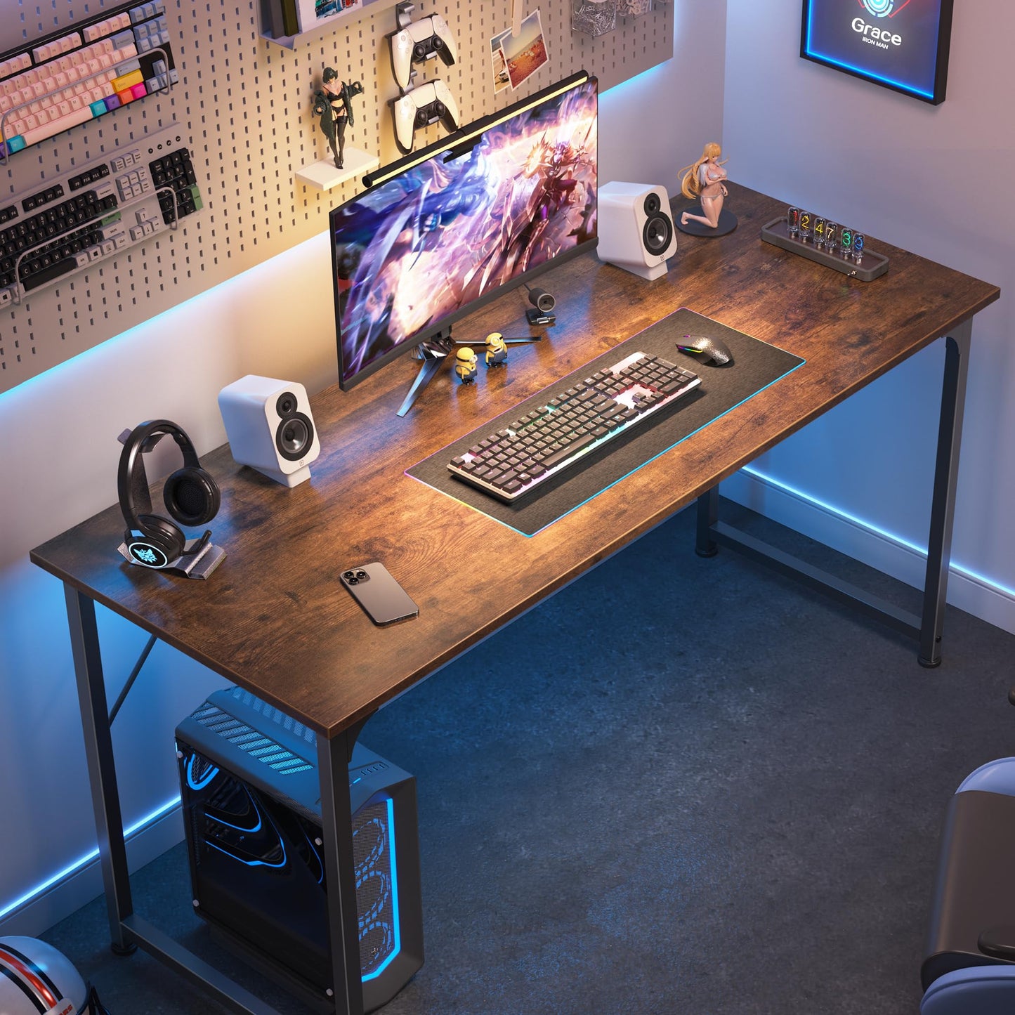 Huuger Computer Desk, 55 Inch Office Desk, Gaming Desk with Storage, Writing Desk Work Desk for Home Office, Study, Modern Simple Desk, Large Legroom, Metal Frame, Rustic Brown