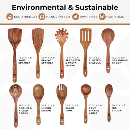 Wooden Spoons for Cooking – 10 Pc Teak Wood Utensil Set, Durable, Nonstick Safe & Heat Resistant with Ergonomic Handles