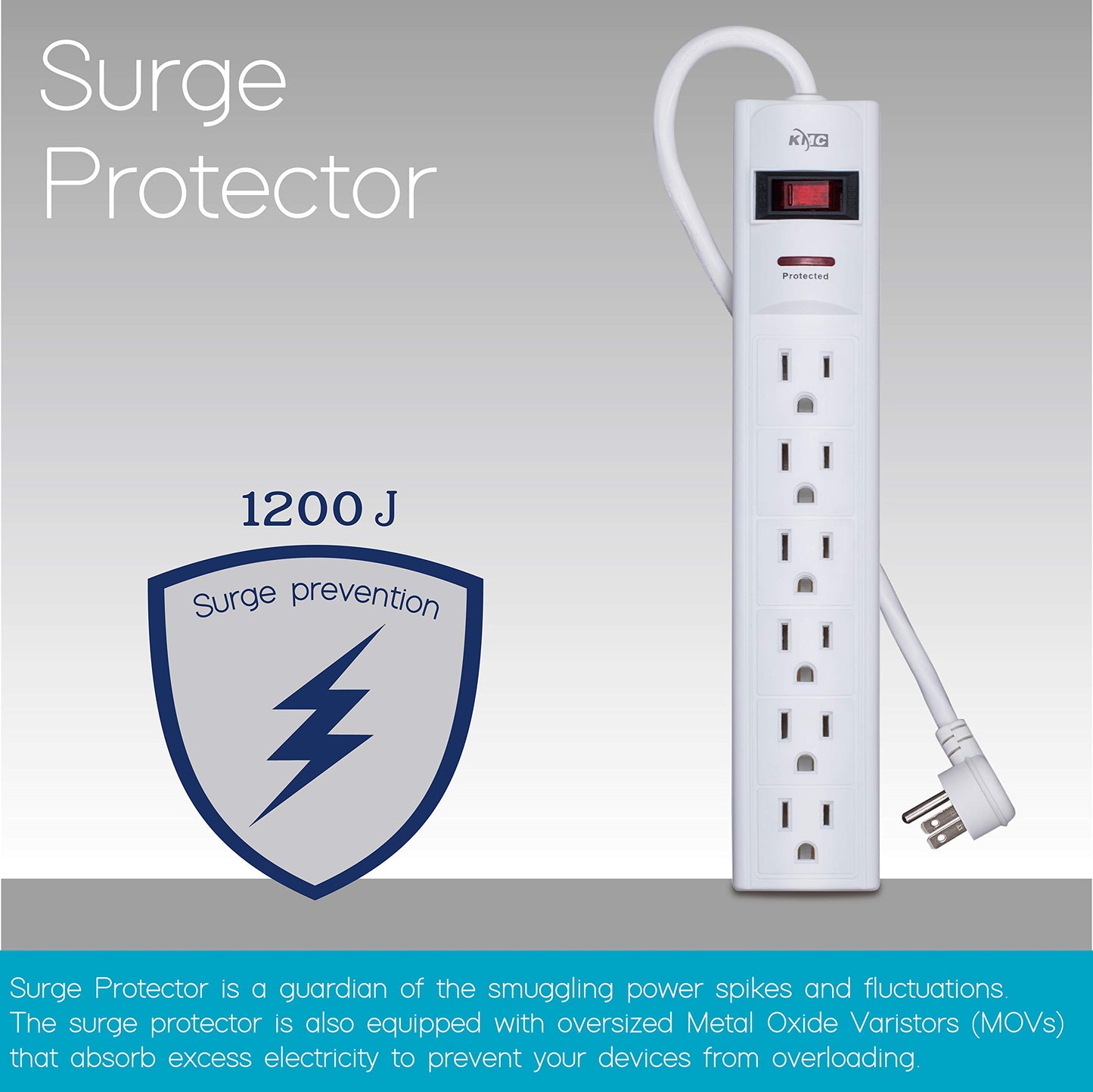 KMC 6-Outlet Surge Protector Power Strip with 10-Foot Cord, 1200 Joule, Overload Protection