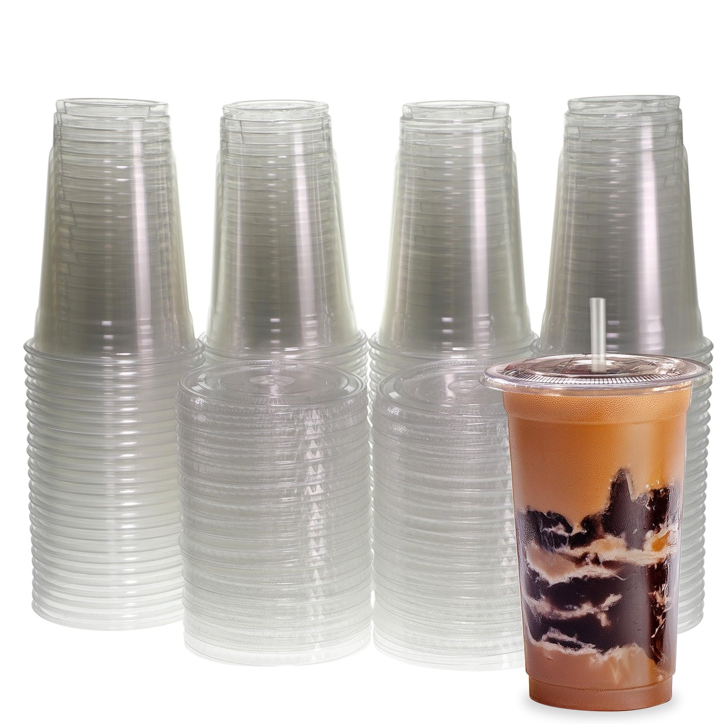 Freshware Clear Plastic Cups with Flat Lids and Straws [100 Cups - 20 oz] Disposable Tumblers for Iced Coffee, Smoothie, Milkshake, Cold Drinks