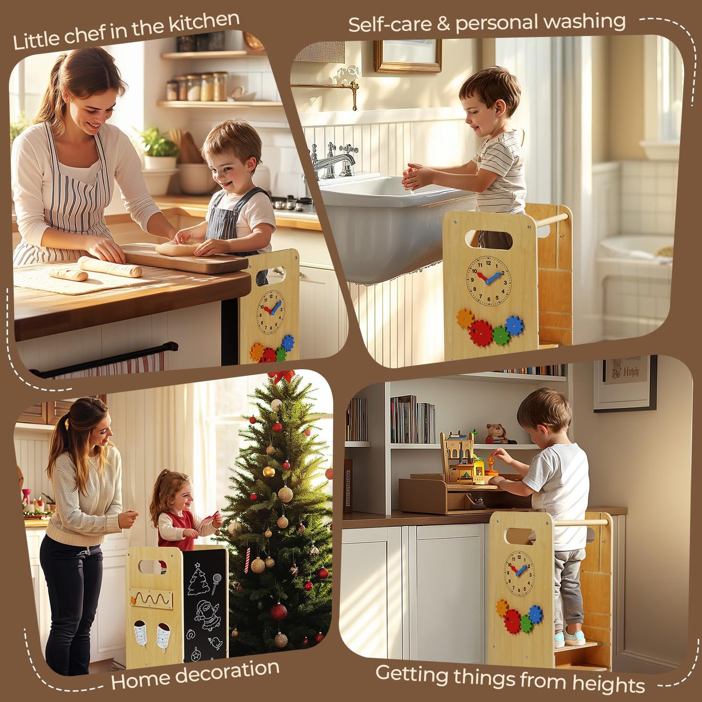 JUZBOT Toddler Tower 4 in 1 Toddler Kitchen Stool Helper Adjustable Standing Tower for Kitchen Counter with Safety Board, Slide, Chalkboard, Montessori Activities