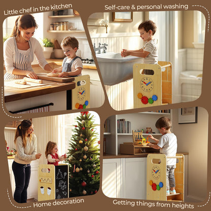 JUZBOT Toddler Tower 4 in 1 Toddler Kitchen Stool Helper Adjustable Standing Tower for Kitchen Counter with Safety Board, Slide, Chalkboard, Montessori Activities