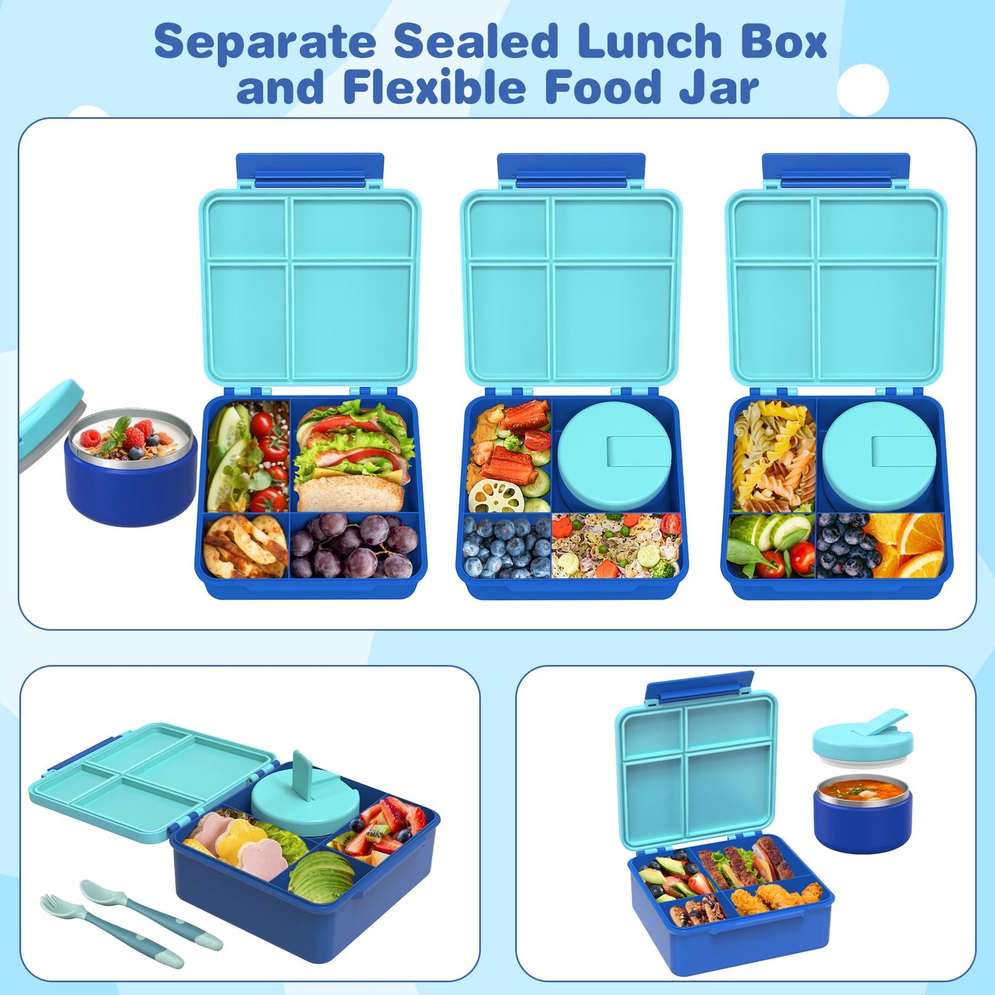 Pawtong Bento Lunch Box with 8oz Soup Thermo, Kids Leakproof Lunch Food Containers with 4 Compartment, Kids Thermo Insulated Hot Food Jar for School, Trvael（Blue