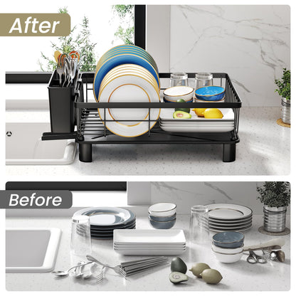 Dish Drying Rack - Small Dish Rack for Kitchen Counter, Stainless Steel Dish Drainer with Utensil Holder and Drainboard (Black)
