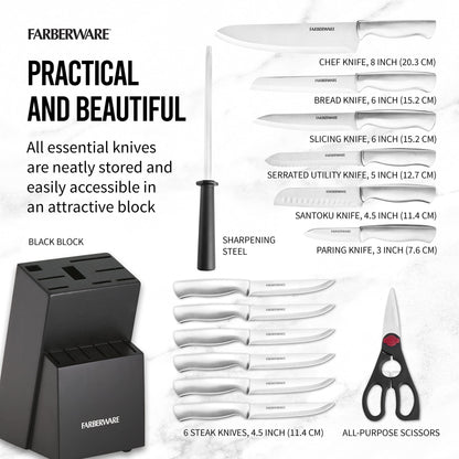 FARBERWARE 15-Piece Kitchen Knife Set with High-Carbon Stainless Steel Blades, Black Handles, Steak Knives, Wood Block, Razor Sharp and Ergonomic