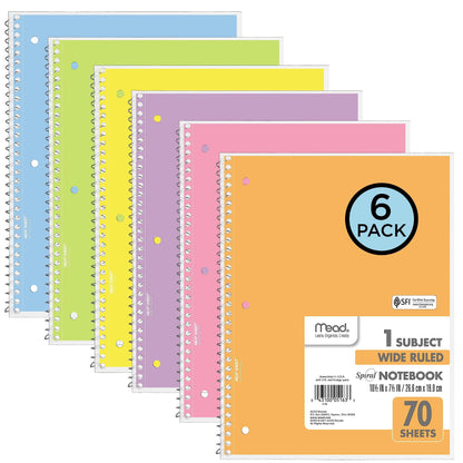 Mead Spiral Notebook, 6 Pack, 1 Subject, Wide Ruled Paper, 7-1/2" x 10-1/2", 70 Sheets per Notebook, Assorted Pastel Colors (930050-ECM)