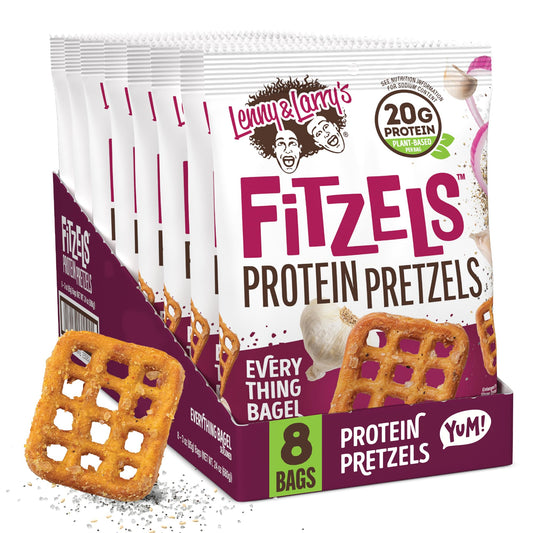 Lenny & Larry's Everything Bagel FITZELS- Savory Pretzel Snacks Incredibly Tasty, High Protein Salty, Vegan, Kosher 20 g's of Plant Based Protein 8 (eight) Bags, 3 oz Each