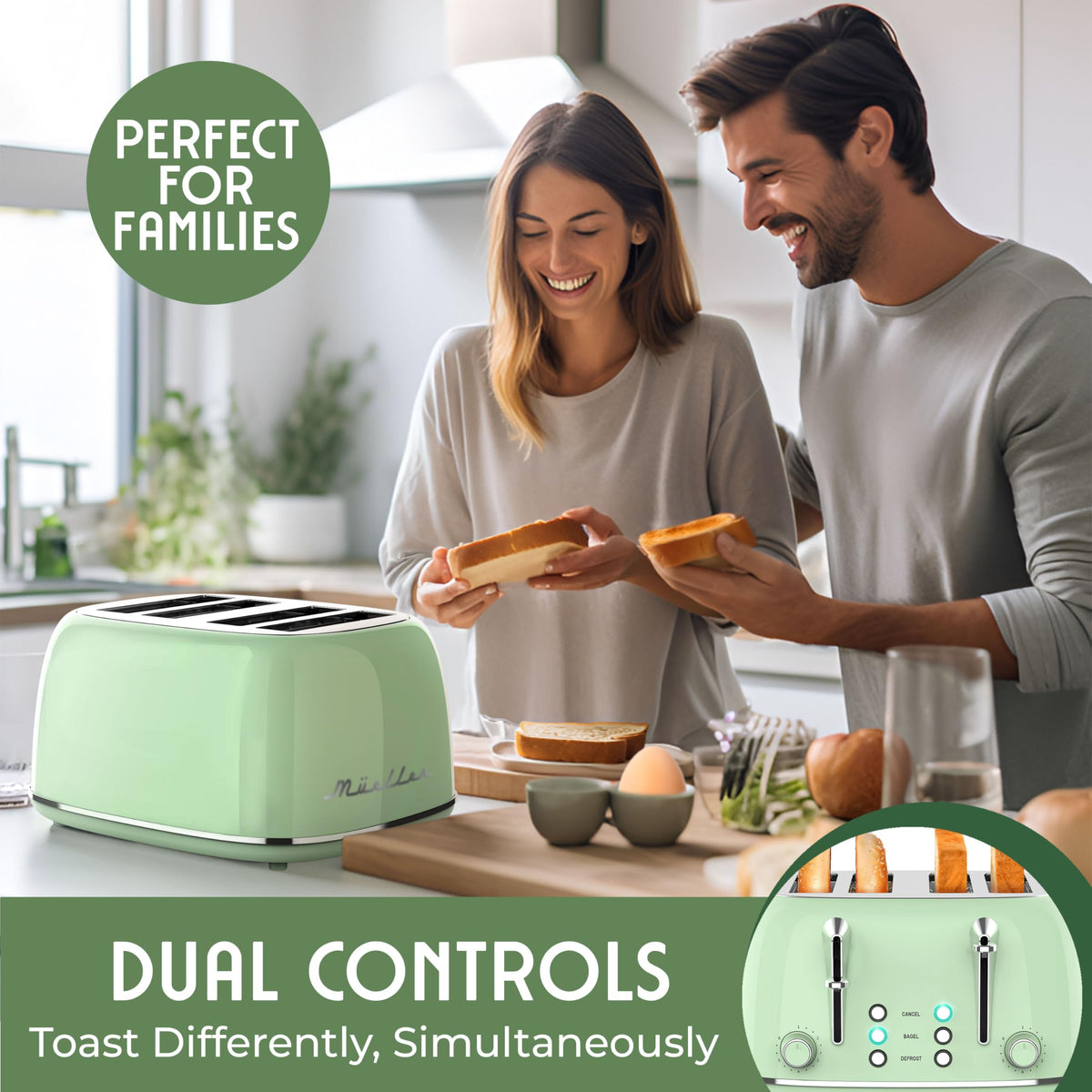Mueller Retro Toaster 4 Slice with Extra Wide Slots Bagel, Defrost, and Cancel Function, 6 Browning Levels, Dual Independent Controls, Removable Crumb Tray and High Lift Levers, Sage Green