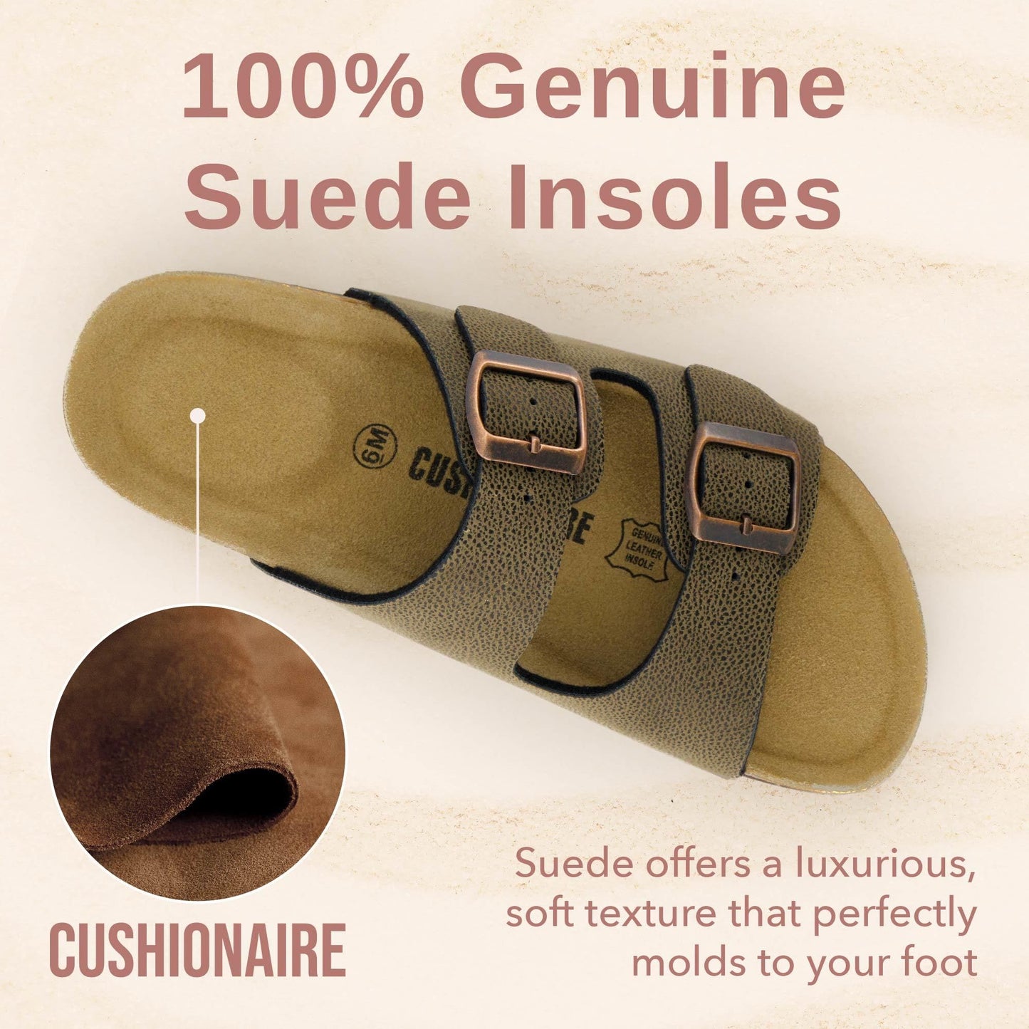 CUSHIONAIRE Lane Cork Footbed Sandals for Women – Comfortable Double Buckle Slip-On with Genuine Suede Footbed & Arch Support Slides for Women Footwear, BROWN 7