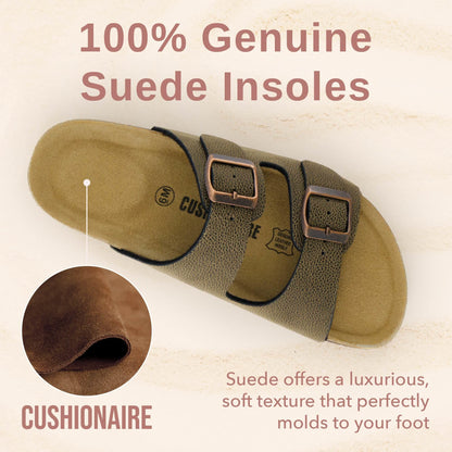 CUSHIONAIRE Lane Cork Footbed Sandals for Women – Comfortable Double Buckle Slip-On with Genuine Suede Footbed & Arch Support Slides for Women Footwear, BROWN 7