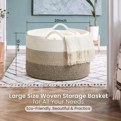 Large Woven Cotton Rope Storage Basket with Handles - Modern Round Laundry Hamper & Blanket Organizer for Nursery, Bedroom, Baby Toys, Pillows, Home Décor, 20"x13"